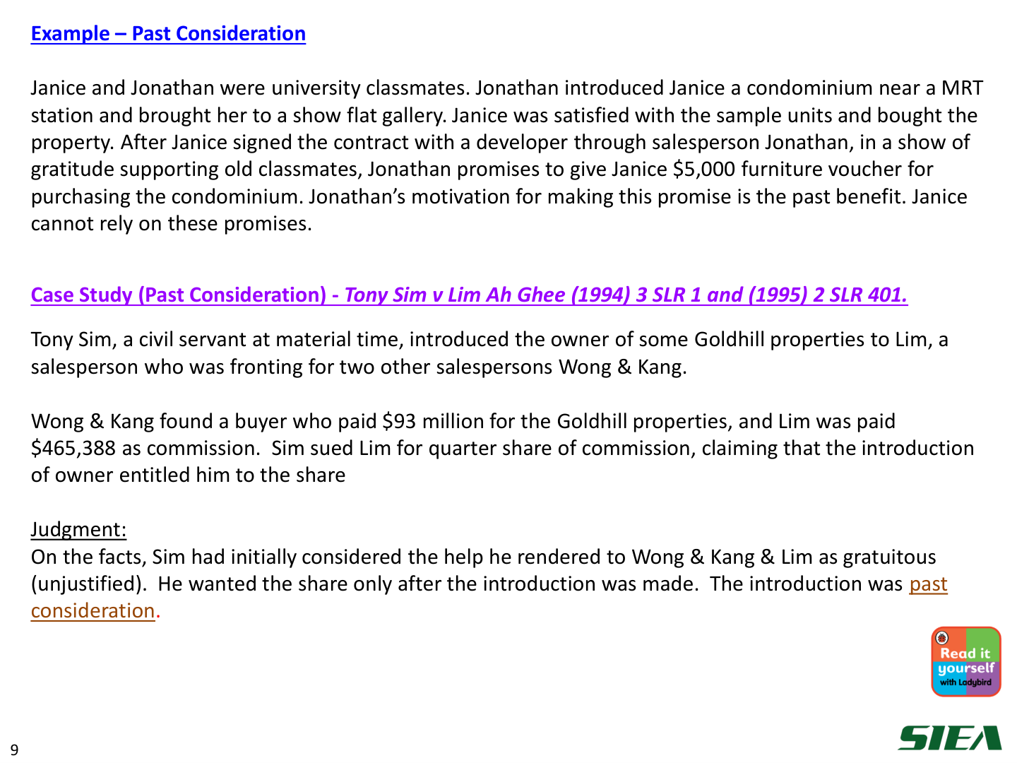 Slide 10 — Example: past consideration; Tony Sim v Lim Ah Ghee.