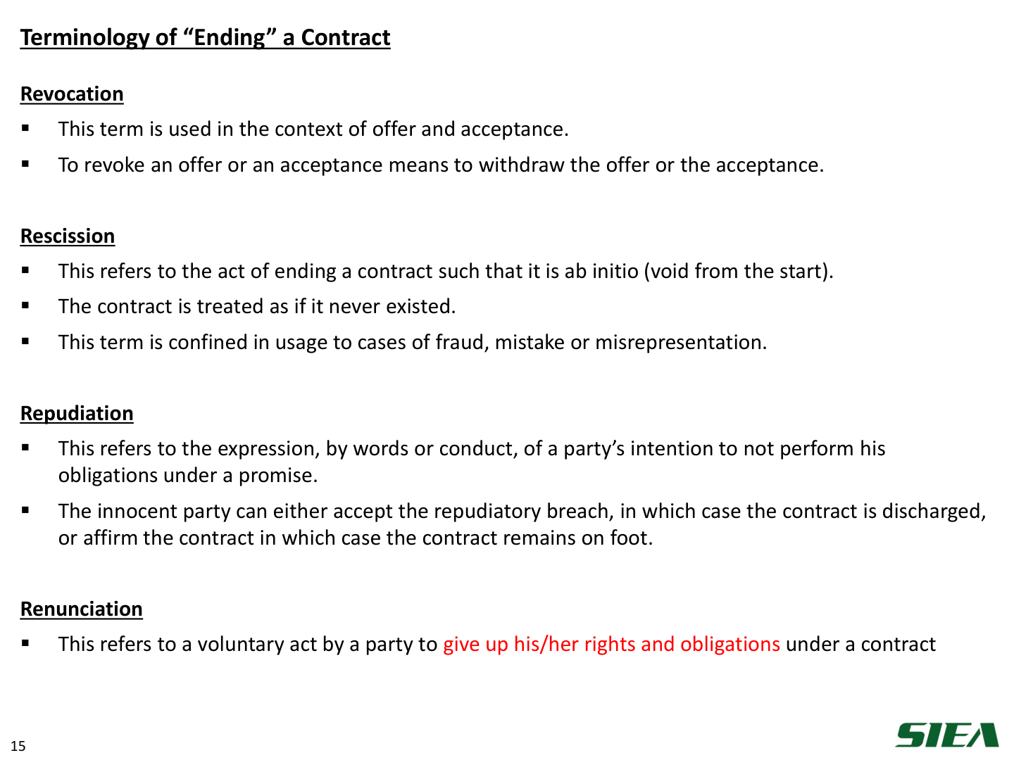 Slide 16 — Terminology of “Ending” a contract.