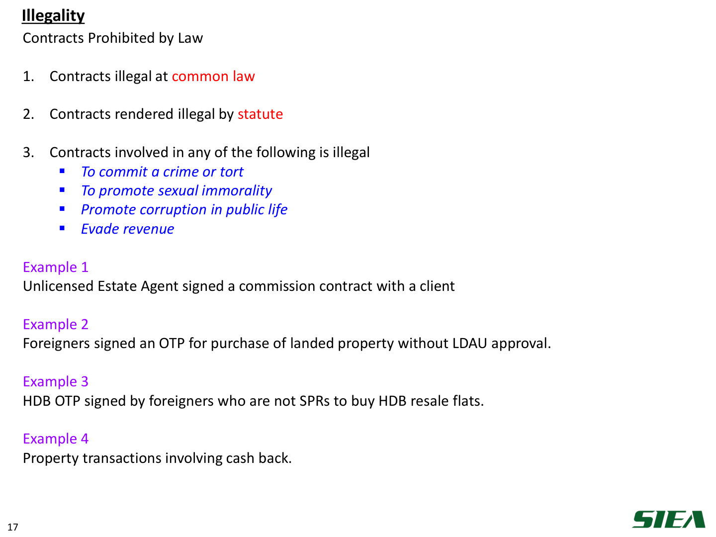 Slide 18 — Illegality: contracts prohibited by law.