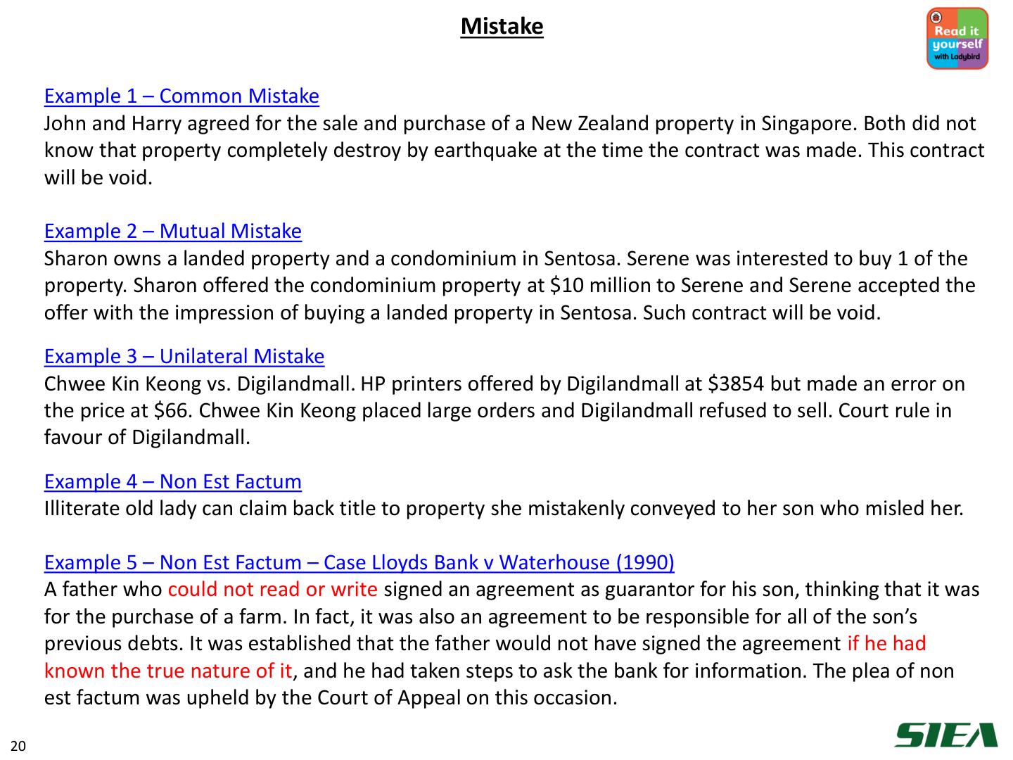 Slide 21 — Mistake examples: common, mutual, unilateral, non est factum.