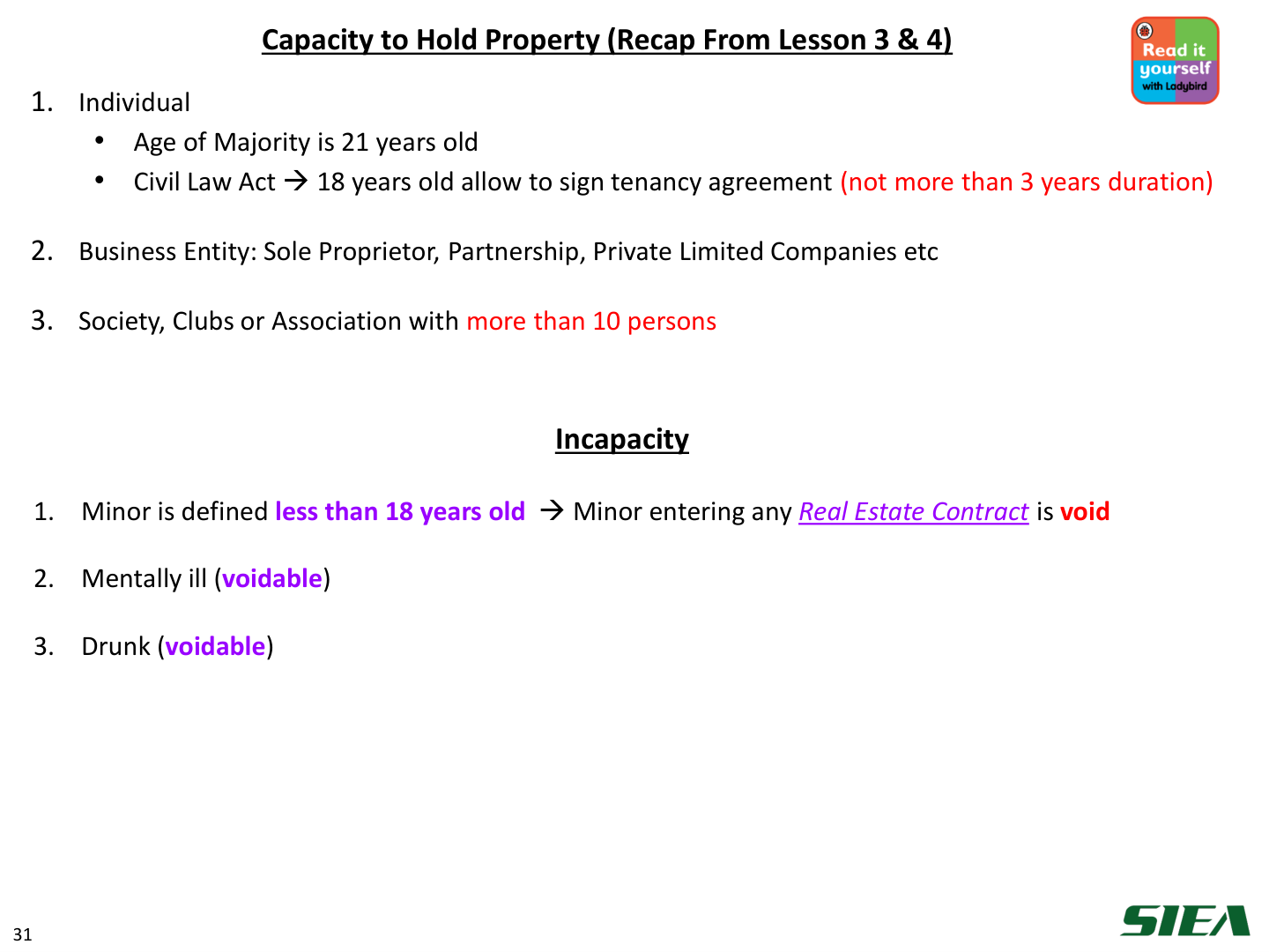 Slide 32 — Capacity to hold property (recap).
