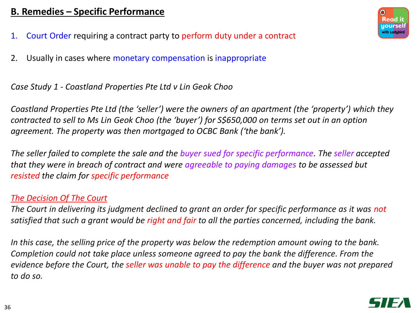 Slide 37 — B. Specific performance; Coastland case.