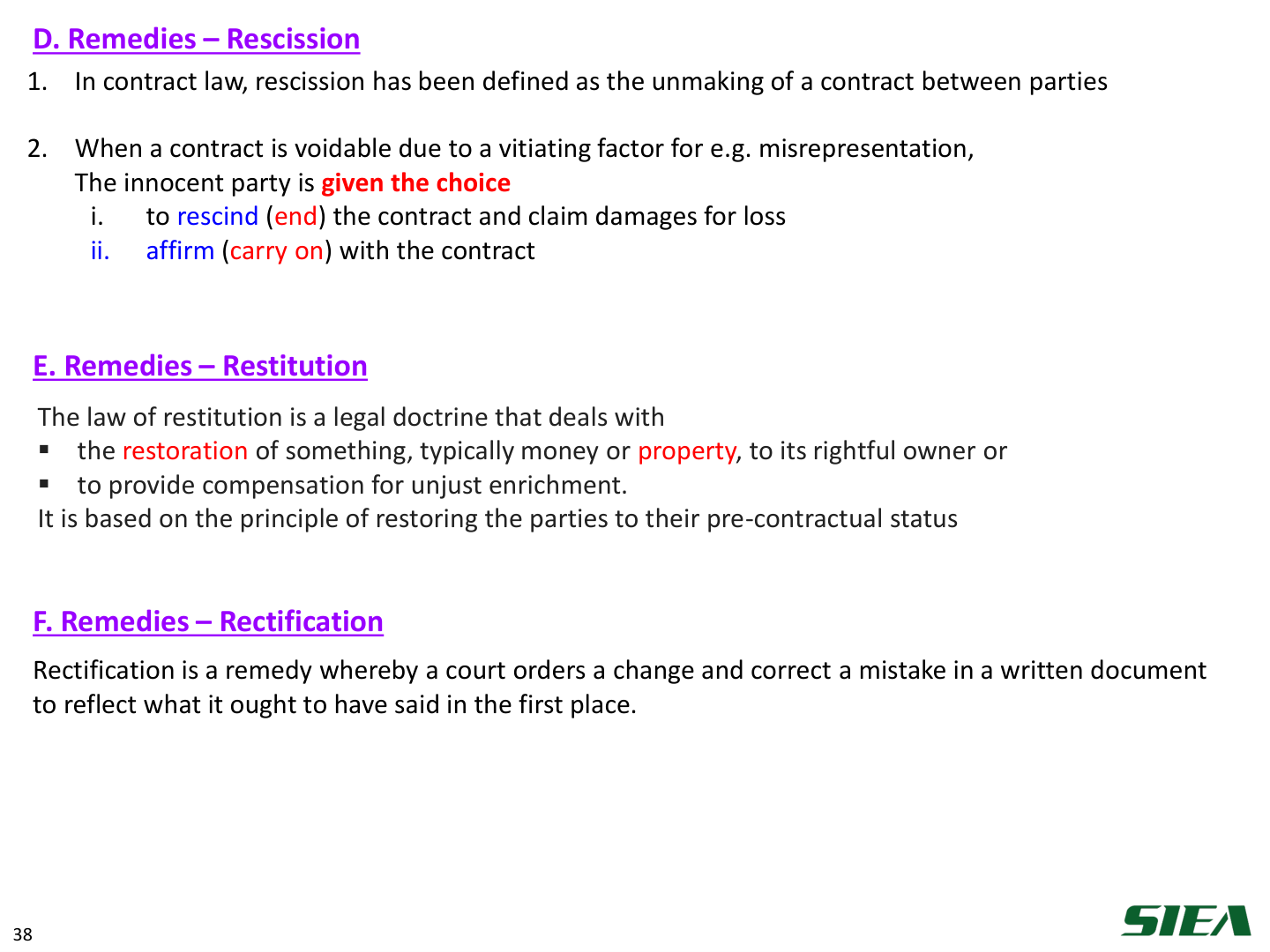 Slide 39 — D. rescission; E. restitution; F. rectification.