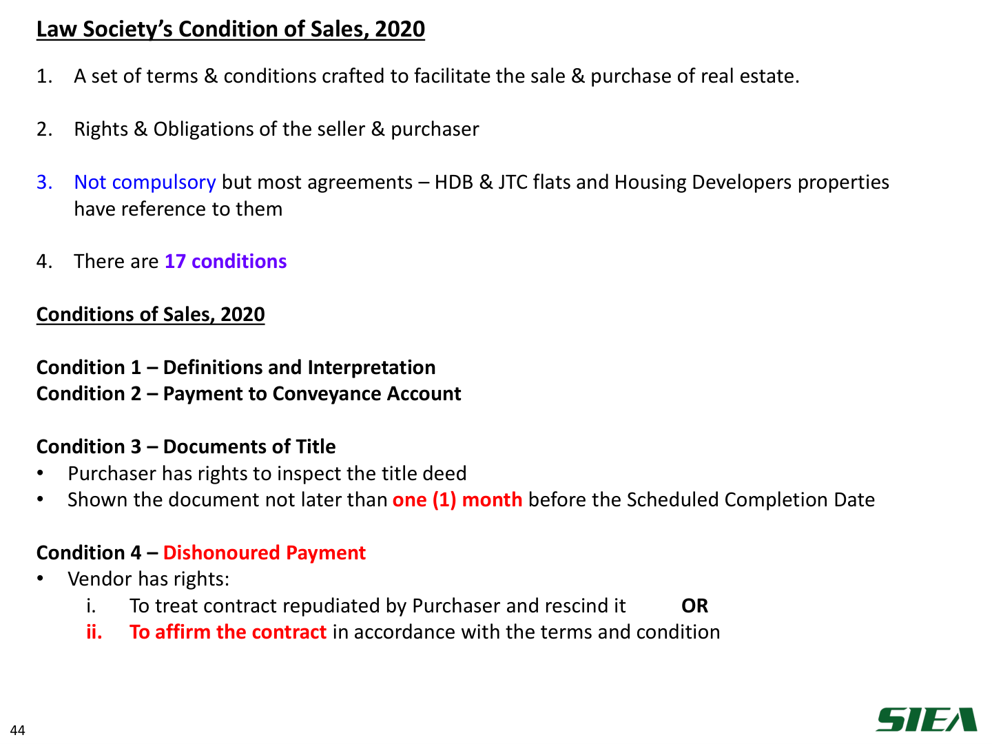 Slide 45 — Conditions of Sale 2020; Conditions 1–4.