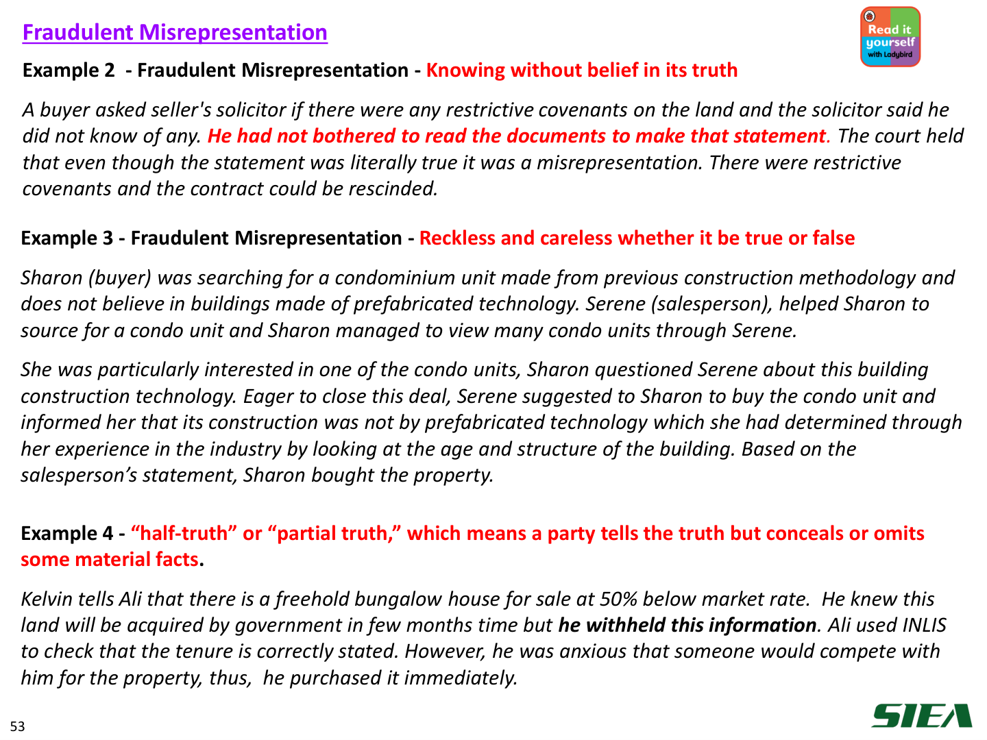 Slide 54 — Fraudulent misrepresentation examples.